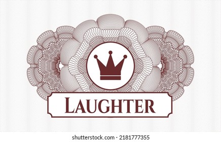 Red money style emblem or rosette. Vector Illustration. Detailed with crown icon and Laughter text inside