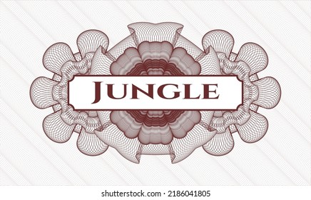 Red money style emblem or rosette. Vector Illustration. Detailed with text Jungle inside