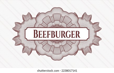 Red money style emblem or rosette. Vector Illustration. Detailed with text Beefburger inside
