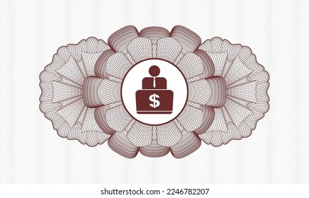 Emblema o rosette del estilo del dinero rojo. Ilustración vectorial. Detallado con el hombre trabajando en el icono del ordenador dentro