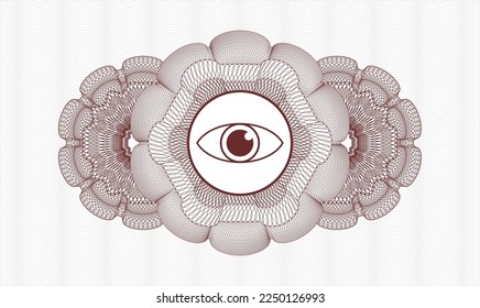 Red money style emblem or rosette. Vector Illustration. Detailed with eye icon inside