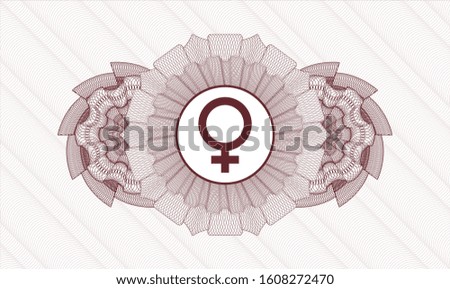 Red money style emblem or rosette with female icon inside