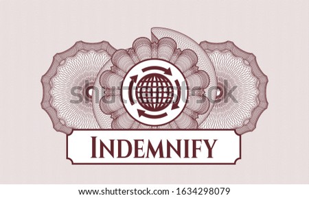 Red money style emblem or rosette with globalization icon and Indemnify text inside