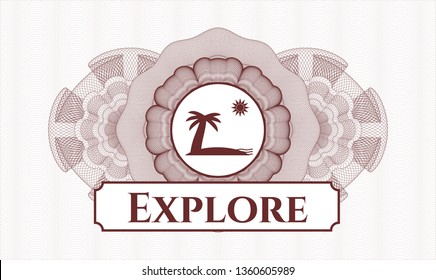 Red money style rosette with beach icon and Explore text inside