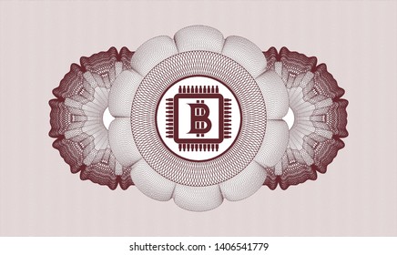 Red money style rosette with bitcoin chip (cryptocurrency mining concept) icon inside