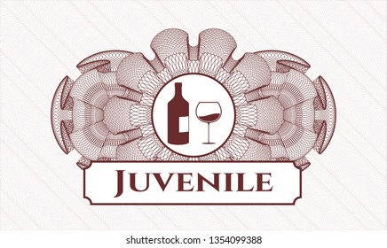 Red money style rosette with bottle and glass of wine icon and Juvenile text inside