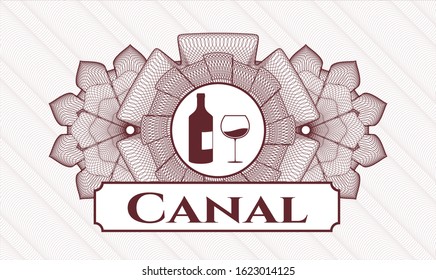 Red money style rosette with bottle and glass of wine icon and Canal text inside