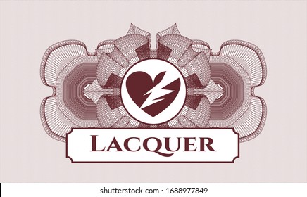 Rot-Geld-Rosette mit gebrochenem Herzsymbol und Lacquer-Text im Inneren