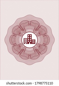 Red money style rosette. with buildings icon inside