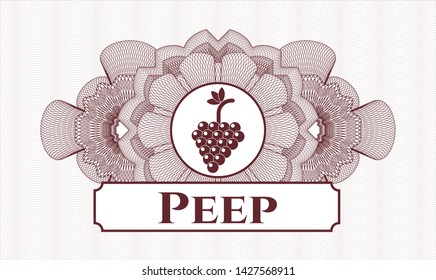 Red money style rosette with bunch of grapes icon and Peep text inside