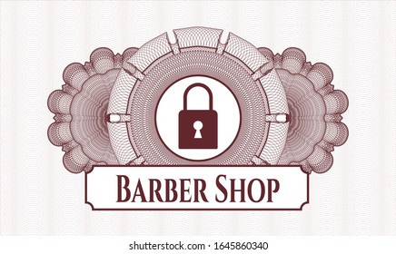 Red money style rosette with closed lock icon and Barber Shop text inside