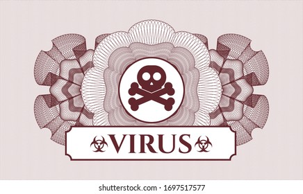 Red money style rosette with crossbones icon and Virus text inside