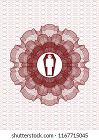 Red money style rosette with dead man in his coffin icon inside