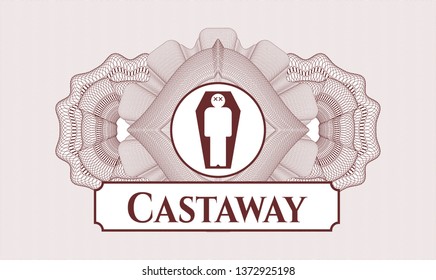 Red money style rosette with dead man in his coffin icon and Castaway text inside