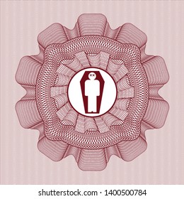 Red money style rosette with dead man in his coffin icon inside