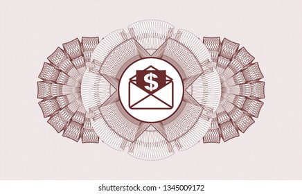 Red money style rosette with envelope with paper with money symbol inside icon inside