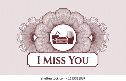 Red money style rosette with fast food icon and I Miss You text inside