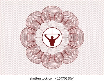 Red money style rosette with lat pull down, exercise icon inside