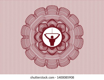 Red money style rosette with lat pull down, exercise icon inside