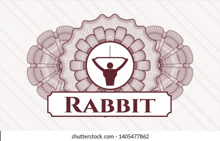 Red money style rosette with lat pull down, exercise icon and Rabbit text inside