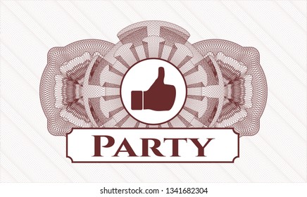 Red money style rosette with like icon and Party text inside
