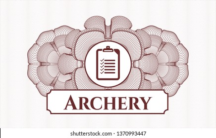Red money style rosette with list icon and Archery text inside