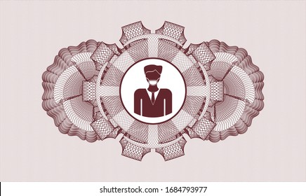 Red money style rosette with man wearing face mask icon inside