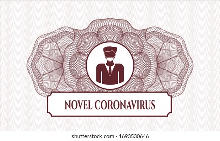 Red money style rosette with man wearing face mask icon and Novel Coronavirus text inside