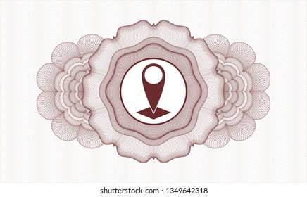 Red money style rosette with map pointer icon inside