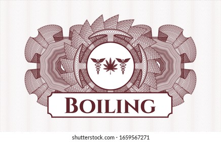 Rosette estilo dinero rojo con icono de hierba medicinal y texto en ebullición dentro
