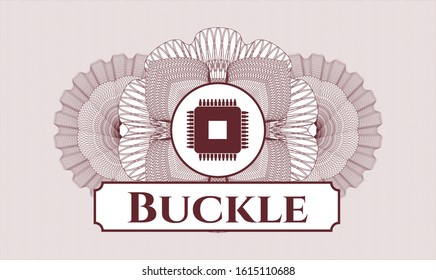 Red money style rosette with microchip, microprocessor icon and Buckle text inside