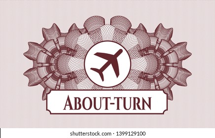 Red money style rosette with plane icon and About-turn text inside