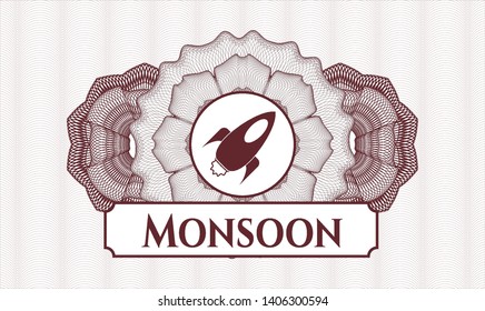 Red money style rosette with rocket icon and Monsoon text inside