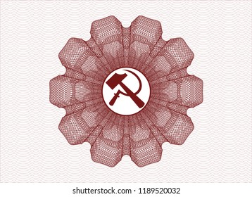 Red money style rosette with sickle and hammer icon inside
