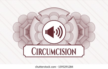 Red money style rosette with sound icon and Circumcision text inside