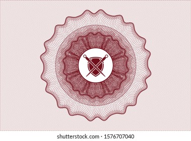 Red money style rosette with swords crossed with shield icon inside