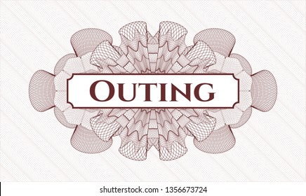 Red money style rosette with text Outing inside