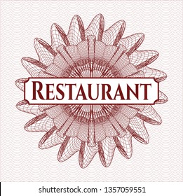 Red money style rosette with text Restaurant inside
