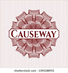 Red money style rosette with text Causeway inside