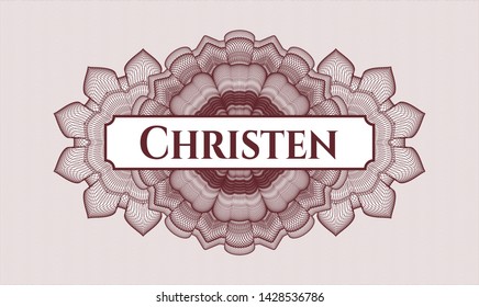 Red money style rosette with text Christen inside