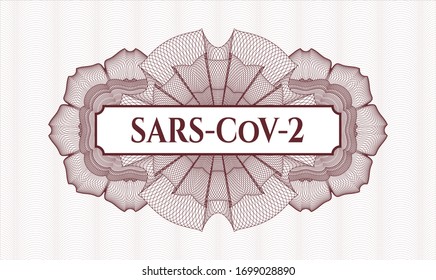 Red money style rosette with text SARS-CoV-2 inside