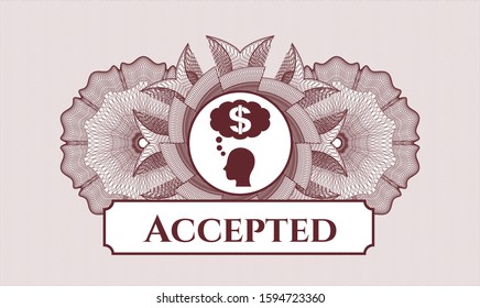 Red money style rosette with thinking in money icon and Accepted text inside