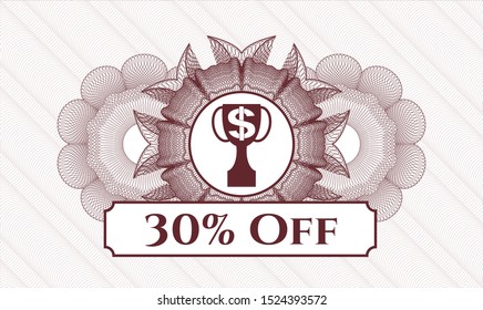 Red money style rosette with trophy with money symbol inside icon and 30% Off text inside