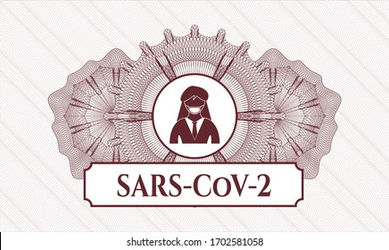 Red money style rosette. Vector Illustration. Detailed with woman wearing face mask icon and SARS-CoV-2 text inside