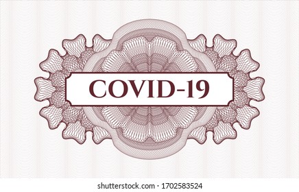Red money style rosette. Vector Illustration. Detailed with text COVID-19 inside