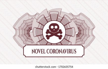 Red money style rosette. Vector Illustration. Detailed with crossbones icon and Novel Coronavirus text inside