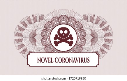 Red money style rosette. Vector Illustration. Detailed with crossbones icon and Novel Coronavirus text inside