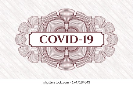 Red money style rosette. Vector Illustration. Detailed with text COVID-19 inside
