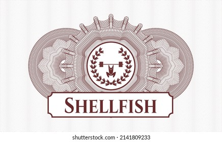 Red money style rosette. Vector Illustration. Detailed with weightlifting inside of crown icon and Shellfish text inside