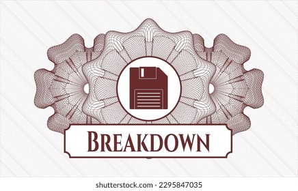 Red money style rosette. Vector Illustration. Detailed with diskette icon and Breakdown text inside